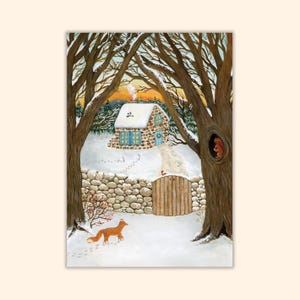 May include: A winter landscape painting featuring a stone cottage with a snow-covered roof, blue shutters, and a wooden gate. A red fox stands in the foreground snow, while a squirrel peeks from a tree hollow. Bare trees frame the scene.