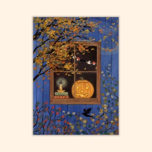 May include: A painting of a window set in a blue wall, featuring a carved orange pumpkin, a lit candle on a stack of books labelled Spells, and a garland of ghosts and mushrooms. A tree with yellow leaves and a black bird are visible outside.