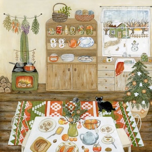 Illustrazione del mattino di Natale, stampa artistica dell'alba invernale, arte della cucina accogliente