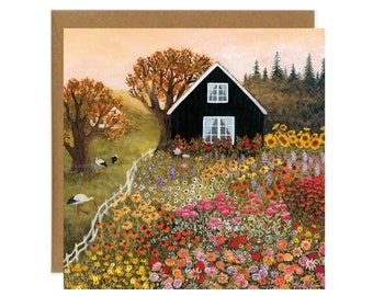 Late Summer Days Postcard, Floral Garden Card, Summer Cottage House