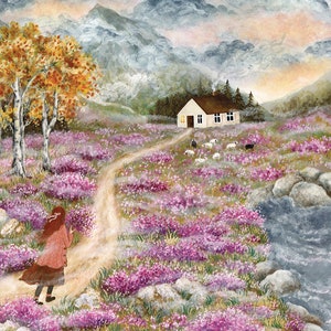 Fall Heathland Illustration, Seaside Wall Art, Sheep Flock Painting