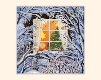 Snowy Christmas Eve Postcard, Decorated Christmas Tree, Cozy Winter Card