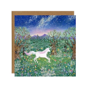 Night Wanderer Postcard, Magical Unicorn Card, Enchanted Forest By Night