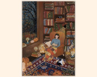 Once Upon A Midnight Dreary Postcard / Greeting Card, Cozy Fall Card, Autumn Night Mini Print