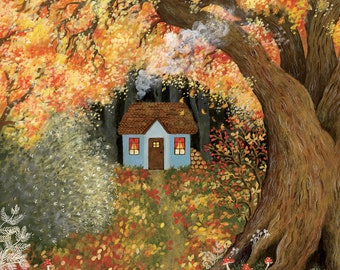 May include: A small blue cottage with a brown roof sits in a forest with a large tree with orange and yellow leaves. A pheasant walks on a path in front of the cottage.