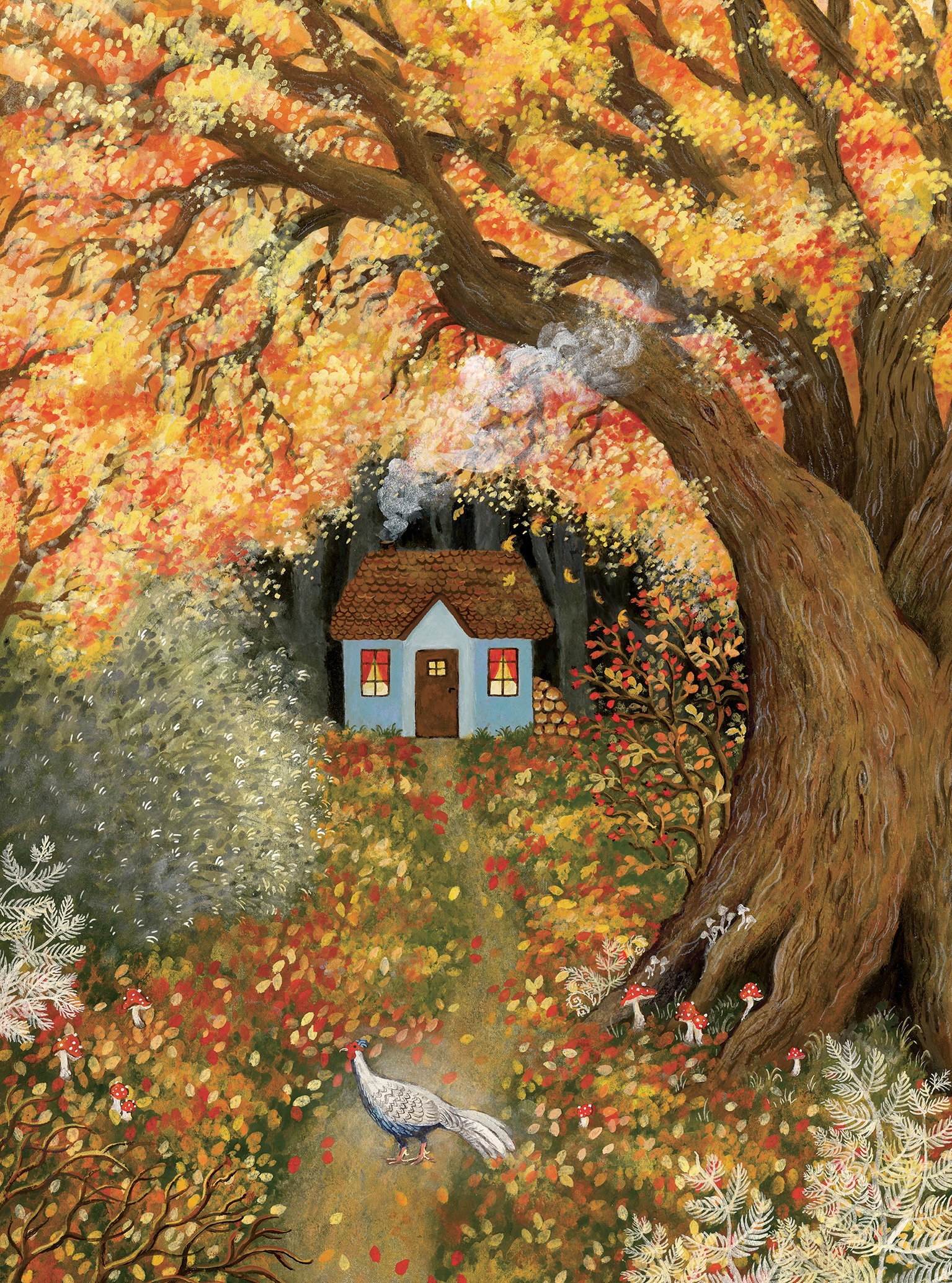 Silver Pheasant in Autumn Forest Illustration, Fall Season Wall