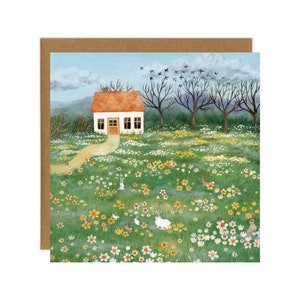 Carte postale de prairie de jonquilles, carte de petite maison de campagne, art de jardin de ressort