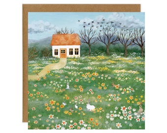 Daffodils Meadow Postcard, Tiny Cottage Card, Spring Garden Art