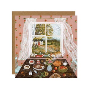 Carte postale d'automne avec vue sur la fenêtre, carte pour l'heure du thé, art de cuisine de cottage