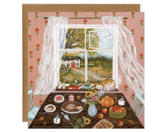 Autumn Window View Postcard, Tea Time Card, Cottage Kitchen Art