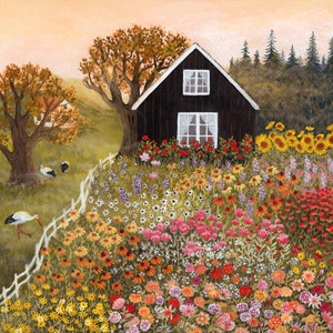 Late Summer Days Illustration, Storks On The Meadow, Cottage Garden Art