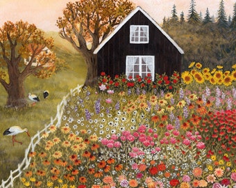 Late zomerdagen illustratie, ooievaars op de weide, Cottage Garden Art