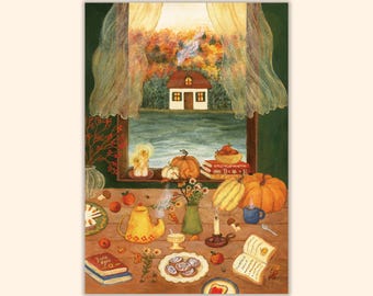 Cottage By The Shore Postcard/ Greeting Card, Cozy Window View Card, Fall Mini Print