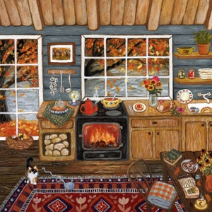 Ilustración de rollos de canela, arte de cabaña en el lago, obra de arte acogedora de otoño
