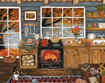 Cinnamon Rolls Illustration, Lake Cottage Art, Cozy Autumn Artwork