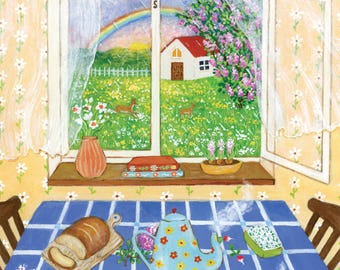 Spring Breakfast Illustration, Cozy Window View Artprint, Cottagecore Art