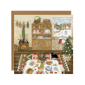 Carte postale du matin de Noël, carte d'hiver confortable, art du jour de neige