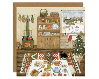 Carte postale du matin de Noël, carte d'hiver confortable, art du jour de neige