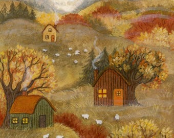 Autumn Hills Illustration, Fall In The Mountains Wall Art, Tiny Cabins Print