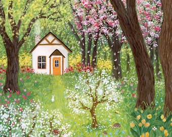 Among The Blossoming Trees Illustration, Cozy Cottage In The Forest, Wild Animals Drawing