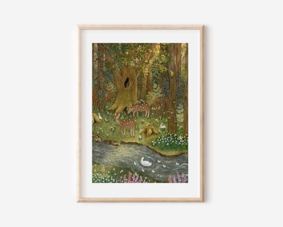 魅惑的な森のイラスト、森の小川のアート、野生動物の絵 - Etsy 日本