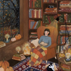 Illustrazione di Once Upon a Midnight Dreary, arte murale autunnale, stampa Cozy Book Corner