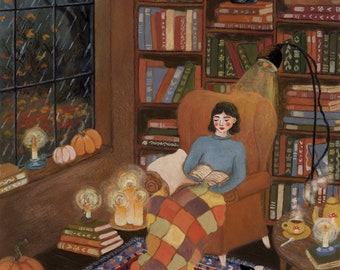 Once Upon A Midnight Dreary Illustration, Fall Season Wall Art, Cozy Book Corner Print