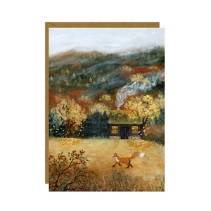 Carte postale forêt brumeuse, carte automne douillet, mini impression animaux des bois