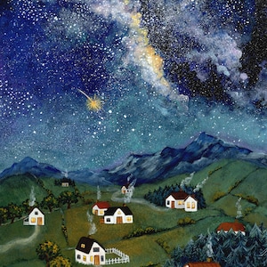 Die Nacht der Sternschnuppen Illustration, Sternenhimmel Kunst, Sommernacht Druck