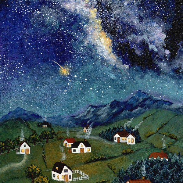 The Night Of Falling Stars Illustration, Stargazing Art, Summer Night Print