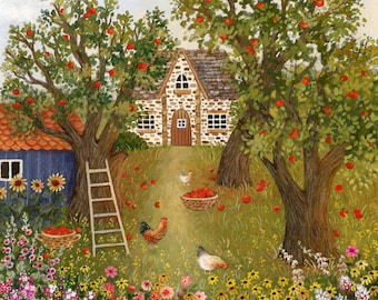 The Cottage Garden Illustration, Autumn Season Wall Art, Harvest Time In The Countryside