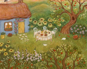 In The Orchard Illustration, Late Summer Wall Art, Peaceful Time In The Countryside