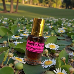 Op de afbeelding: Een kleine, amberkleurige glazen fles met een gouden dop, met het opschrift "AMBER PATCH 100% Natural Essence". Omringd door groene bladeren en witte madeliefjes met gele centra, tegen een vage natuurlijke achtergrond.