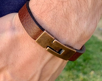 Personalized Leather Bracelet for Men, Hidden Message, Copper Clasp