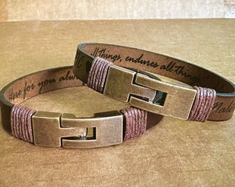 Engraved Leather Bracelet for Men, Personalized Copper Clasp, Custom Message