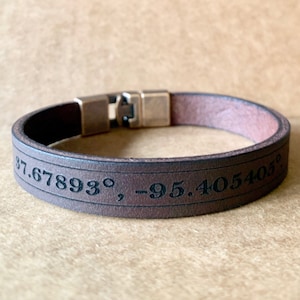 GPS Coordinates Engraved Leather Bracelet for Men, Latitude Longitude GPS coordinates Unisex Jewelry, Custom Graduation Gifts for Son,