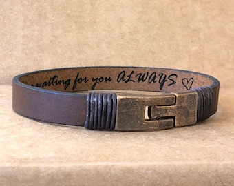 FREE SHIPPING-Personalized Leather Bracelet For Men, Hidden Message Engraved Wrist Band, Gift For Dad Husband, Father's Day