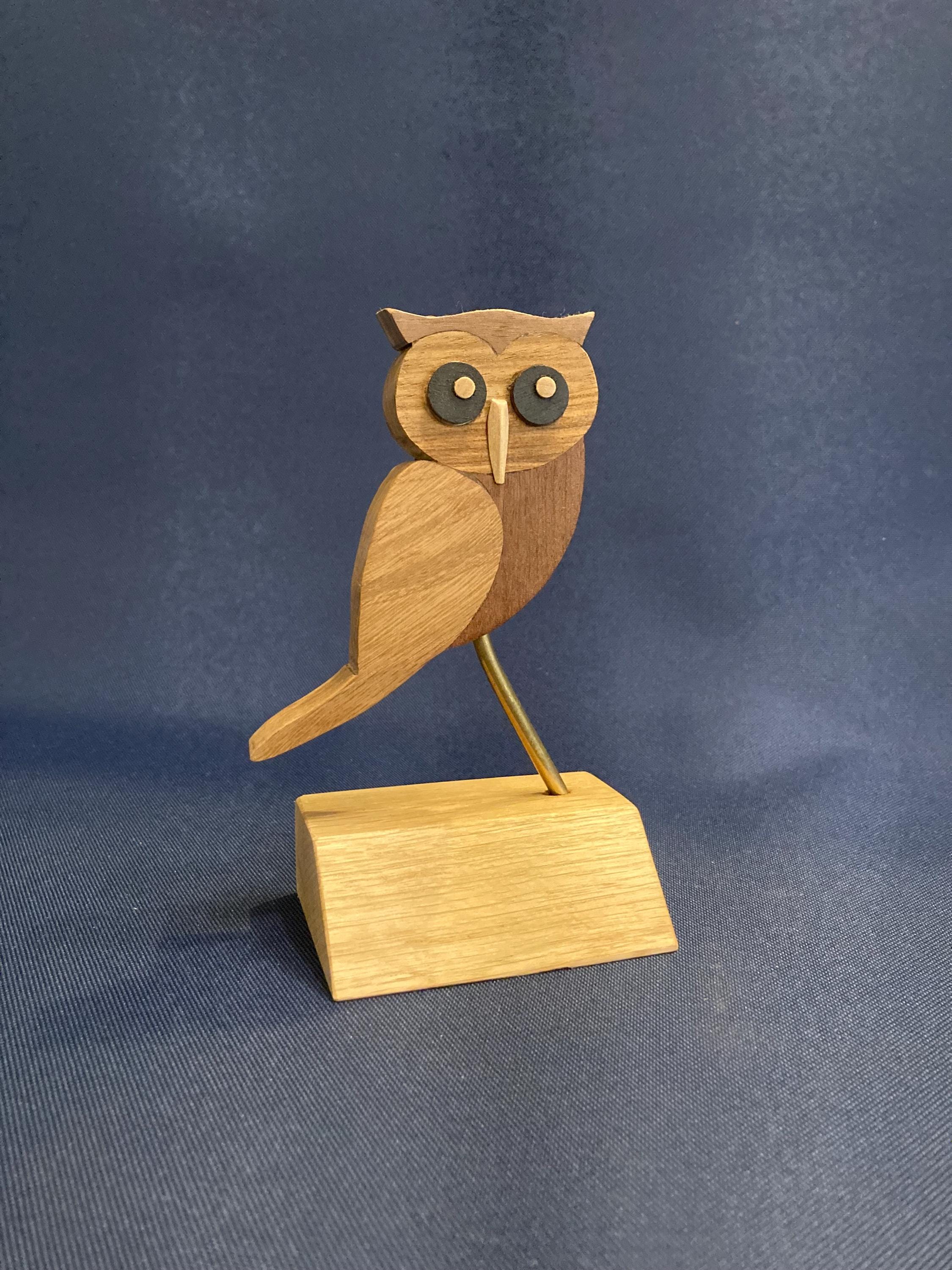 Handmade Wooden Sculpture of an Owl Made from Reclaimed Oak, Walnut, Mahogany and Teak Woods
