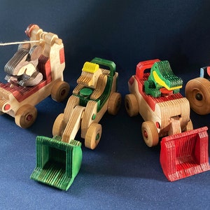 Set of Four Toy Construction Vehicles Handmade in Birch Plywood with Animal Drivers