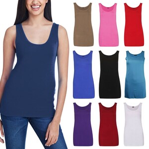 May include: A set of ten sleeveless tank tops in various colours, including black, white, red, blue, purple, pink, and brown. The tank tops are made of a soft, comfortable fabric and have a classic, simple design.