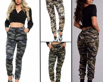 Womens Army Trousers Italian Camouflage Magic Pants Joggers Super Stretchy Casual Comfy Trouser