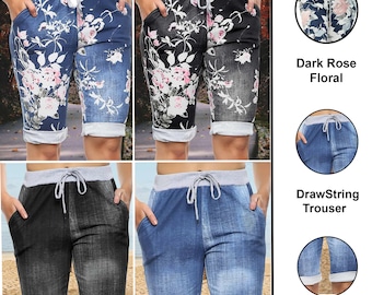 Women's Italian Shorts Ladies Floral Print Elastic Waist Turn Up Summer Beach Pants
