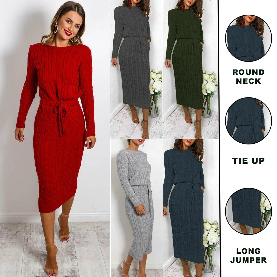 Women’s Cable Knit Jumper Dress – Long Sleeve, Midi Length, Pockets, Tie Front