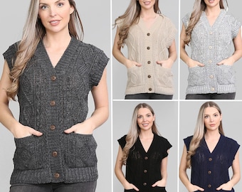 Womens Sleeveless Button Cable Knitted Grandad Cardigan Ladies Waistcoat Sweater