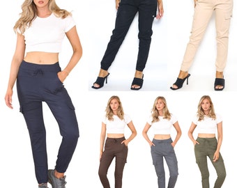 Womens Ladies Magic Stretch Cargo Comfy Plain Joggers Button Pocket Trousers Pant Drawstring Trouser