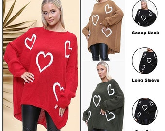 Women Heart Print Knitted Oversized Lagenlook Jumper Ladies Sweater Hi Lo Top UK