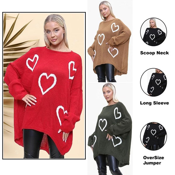 Women Heart Print Knitted Oversized Lagenlook Jumper Ladies Sweater Hi Lo Top UK