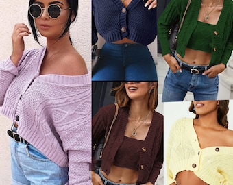 Womens Ladies Chunky Cable Knitted Cardigan 3 Button Long Sleeves Short Crop Top