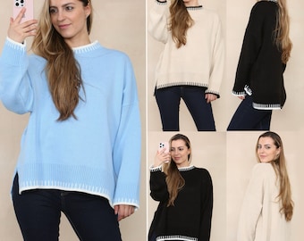 Women knitted border trim stich loose fit oversize top sweatshirt jumper