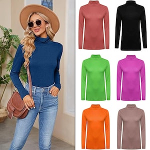 May include: A set of six long-sleeved turtleneck shirts in various colours, including coral, black, green, pink, orange, and brown.